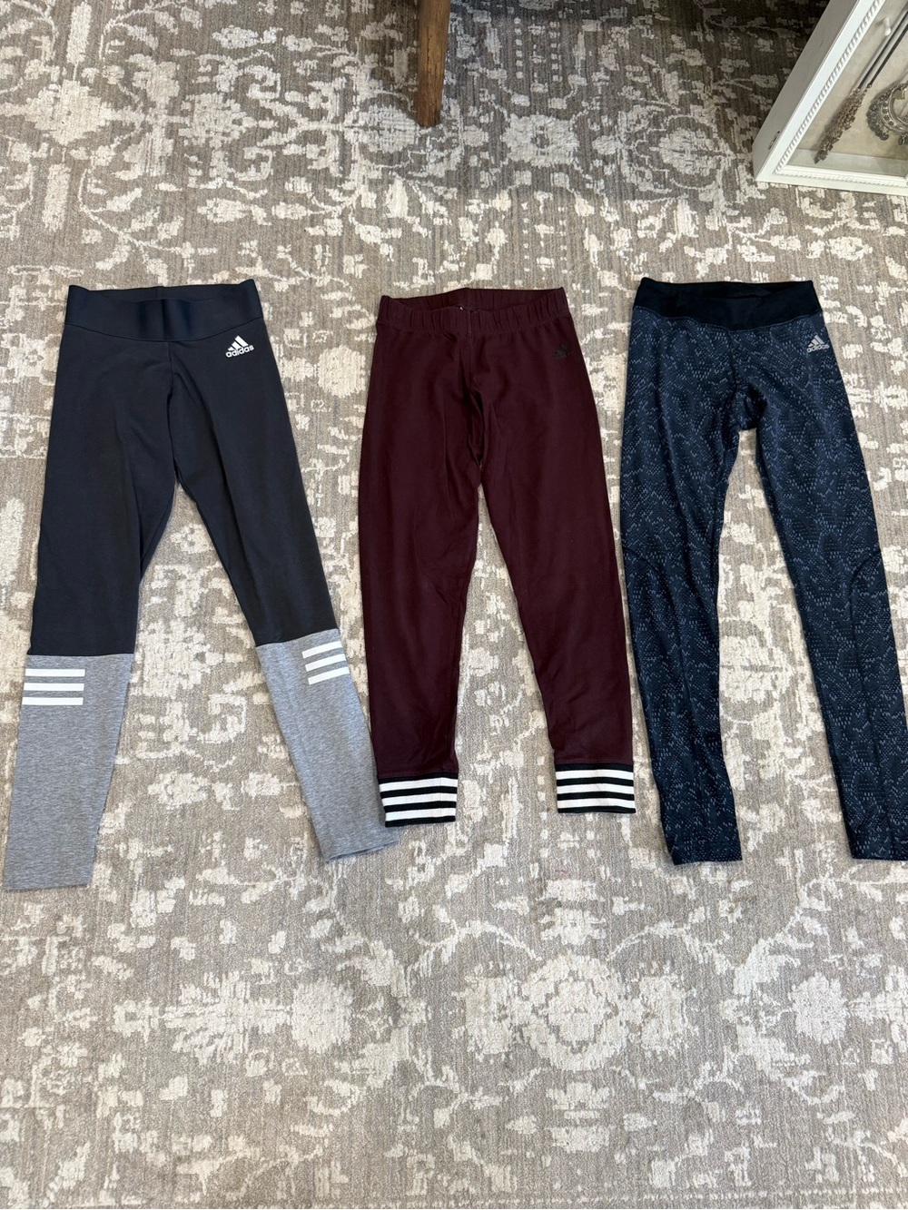adidas women’s 3-Pack Leggings in two tone gray, Burgundy & Navy Pattern